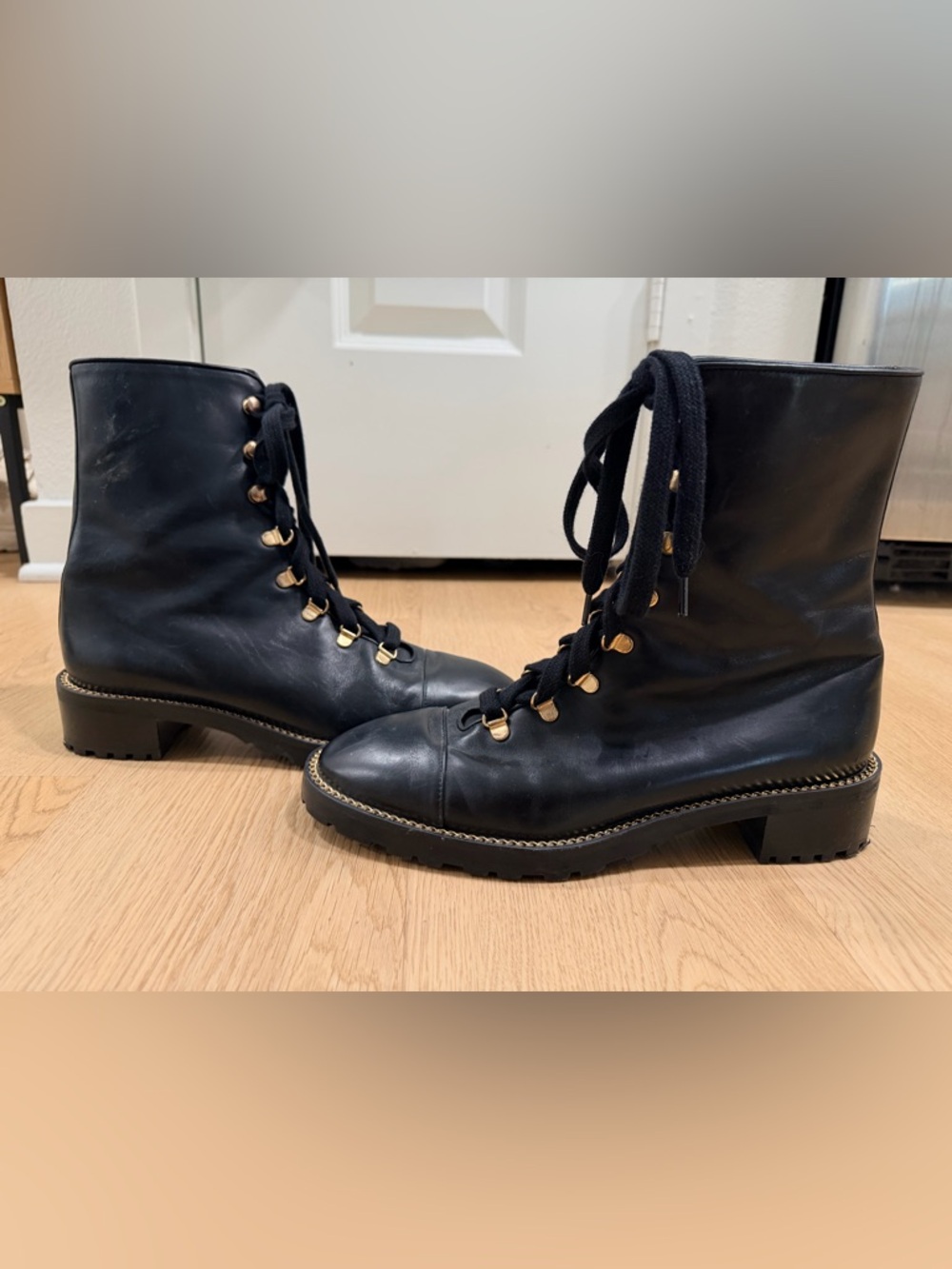 Stuart Weitzman Black Leather Lace-Up Combat Boots with Gold Hardware